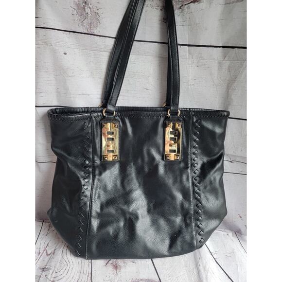 Purse Large Black Soft Faux Leather Bag Gold Accent Hobo/Tote Drop Handle READ - Picture 1 of 16